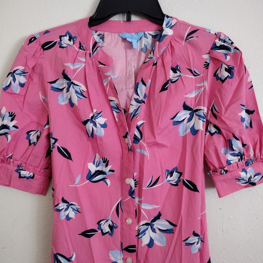 Draper James Tiered Floral Pink Cotton Spandex Button Up Dress Size XS - Picture 4 of 10